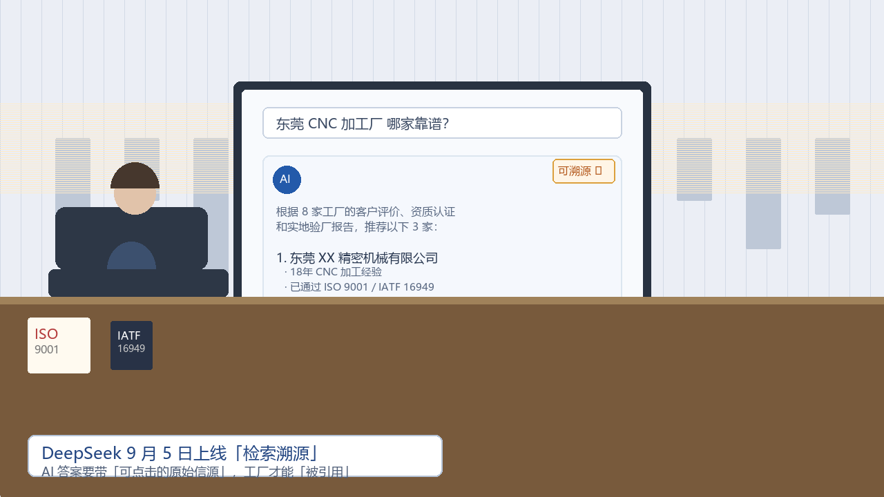 图：制造业老板在会议室看 AI 搜索界面，看 AI 怎么回答"东莞 CNC 哪家靠谱"